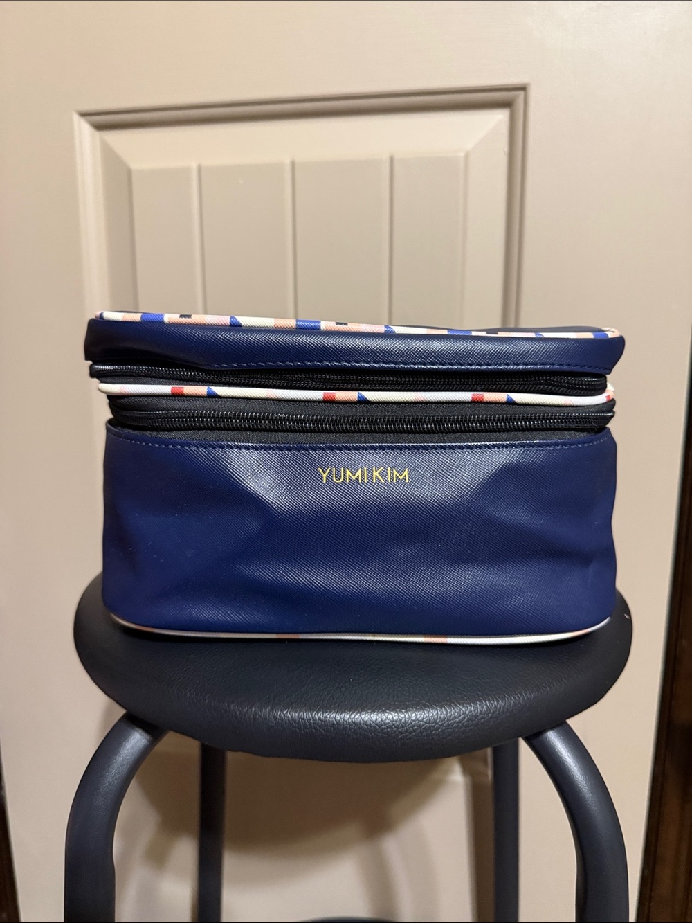 Yumi Kim Navy Cosmetic Case with Geometric Pink & Blue Lining